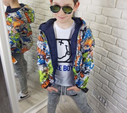 Kurtka przejściowa dwustronna komiks i granat