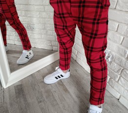 Spodnie eleganckie z dresówki podwójna krata czerwień Style Kids