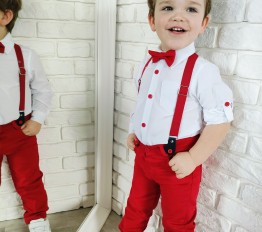 Komplet elegancki z szelkami i muszką biała koszula i czerwone spodnie