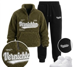 Komplet ocieplany bluza baranek na stójce + joggery khaki
