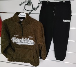 Komplet ocieplany bluza baranek na stójce + joggery khaki