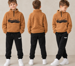 Komplet ocieplany bluza baranek na stójce + joggery camel brąz